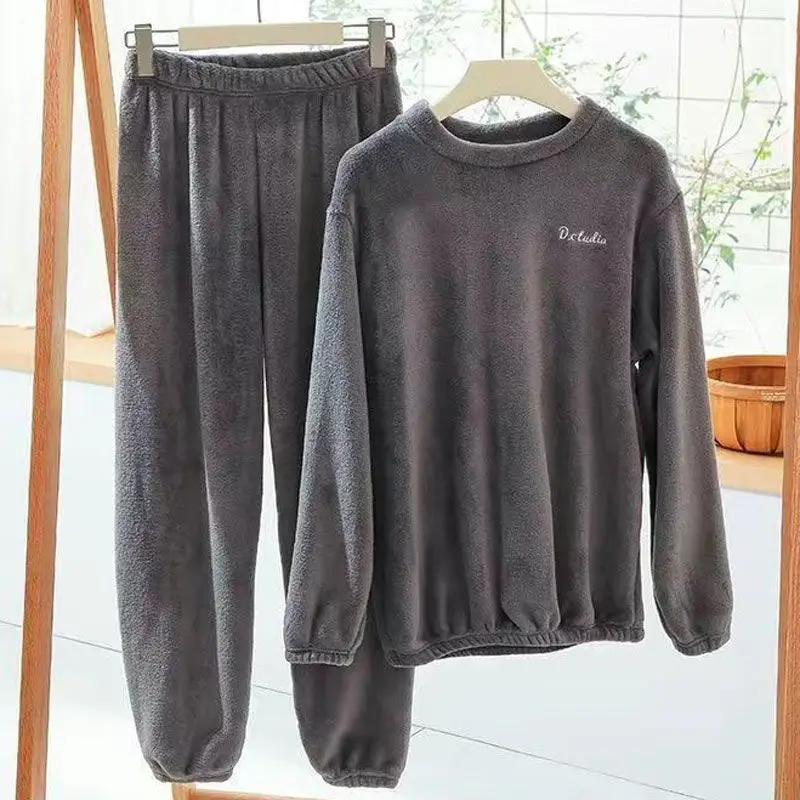 2023 New Warm Loungewear Suit Women's Autumn Winter Coral Fleece Lazy Homewear Fleece Thick Pajamas Round Collar Sleepwear
