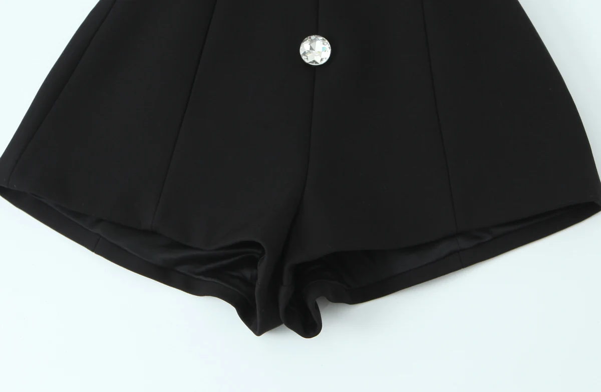 Women Fashion Black Mini Jumpsuit Female Square Collar Card Shoulder Sleeveless Single-Breasted Jumpsuit Sexy Slim Fit Bodysuit