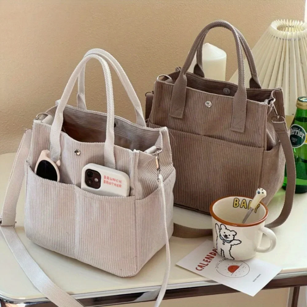 1pc Vintage Corduroy Shoulder Bag for Women, Lightweight Striped Tote with Removable Strap, Multi-Pocket Design