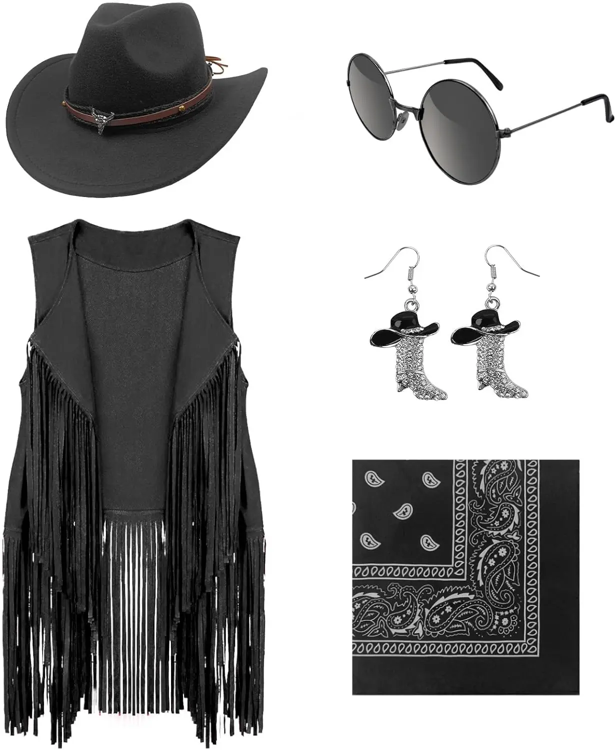Ecoparty Cowgirl Outfits for Women Western Costume Accessories Cowboy Hat Tassels Fringe Vest Earring Hippie Glasses Bandana
