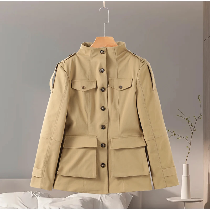 Pocket Stand Collar Long Sleeves Jacket Woman Single Breasted Solid Color Waist Cinching Jackets Versatile Women's New Jackets 19 Sa8e9dc7ebdef433c8b1a425ea702a281n