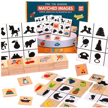 몬테소리 모양 매칭 보드 게임 그림자 찾기 일치 이미지 동물 과일 블록 퍼즐 어린이용, 교육용 장난감 나무