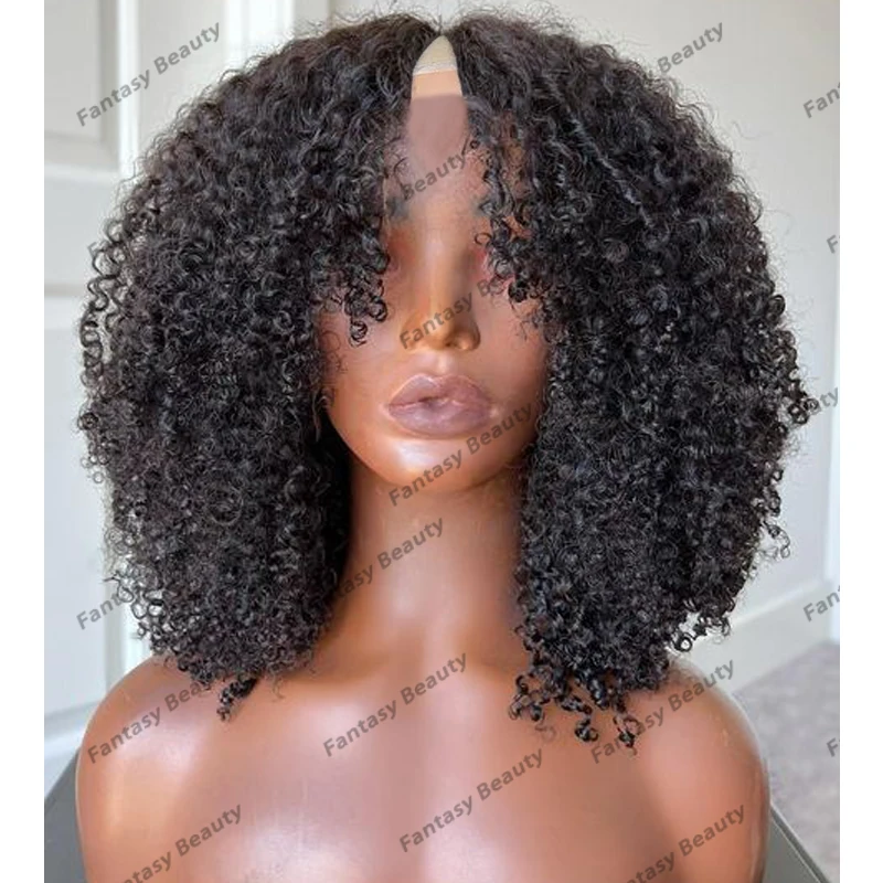 Glueless Remy 100% Human Hair 1x4 V Part Wigs for Black Women 200Density Caramel Brown Natural Kinky Curly Opening V Part Wig
