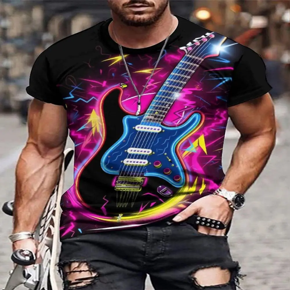 

Saxophone Guitar Clarinet Jazz 3D Printed Men's T-Shirt Classical Instrument Short Sleeve Hip Hop Popular Outdoor Casual Top