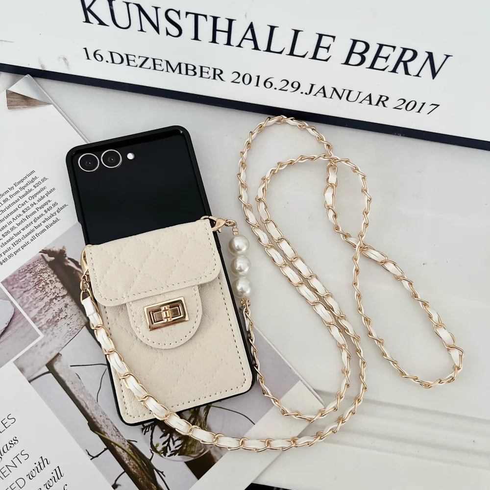 Pearl-Embellished Leather Phone Case with Shoulder Strap and Card Holder