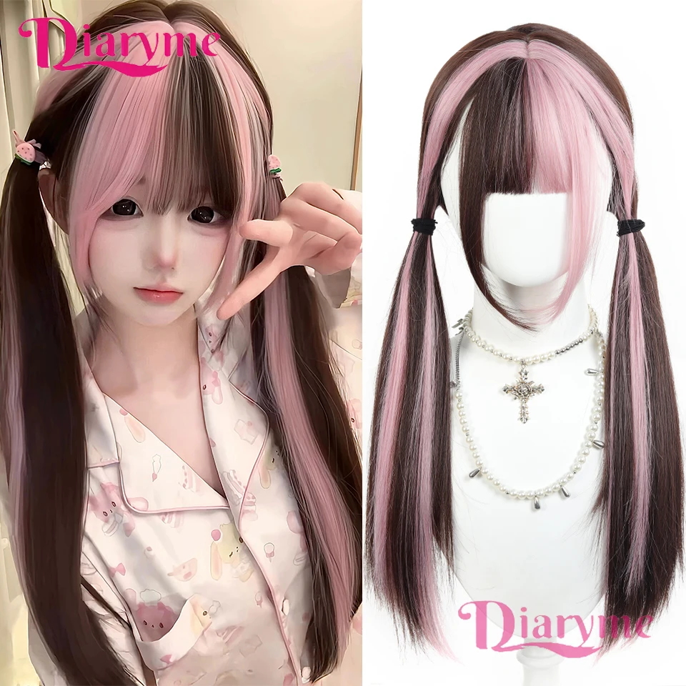 Synthetic Long Ombre Colorful Cosplay Lolita Cute Wig With Bangs Natural Wavy Halloween Pink Mixed Brown Daily Wigs Christmas