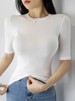 الصلبة رقيقة انظر من خلال تي شيرت المرأة القطن قصير الأكمام ضئيلة الأساسية الكورية نمط الملابس تي شيرت فام 2025 الصيف 2