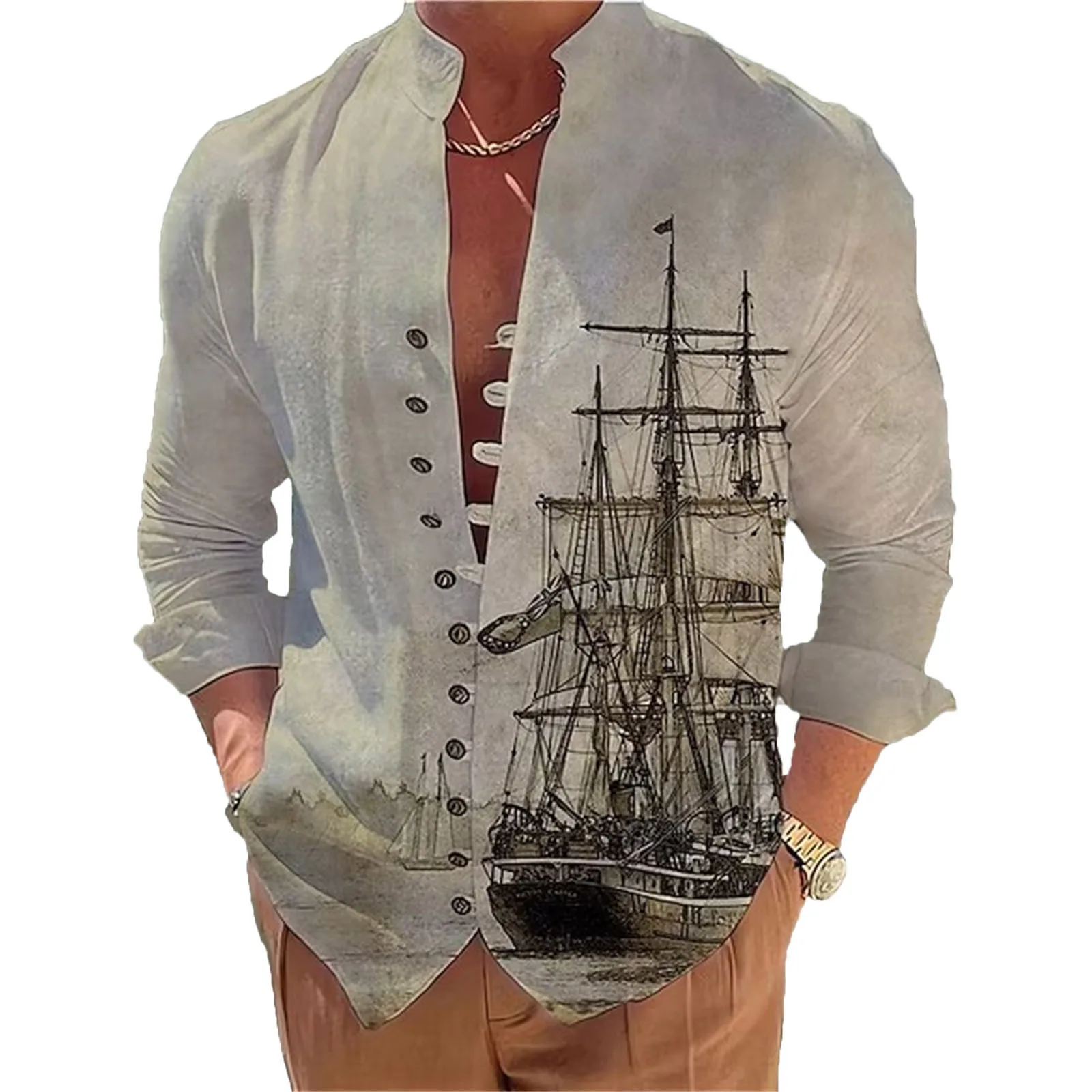 

Spring Autumn Sailboat printin Hot Sale Men's Long-Sleeved Shirts Solid Color Stand-Up Collar Casual Style Plus Size Shirts