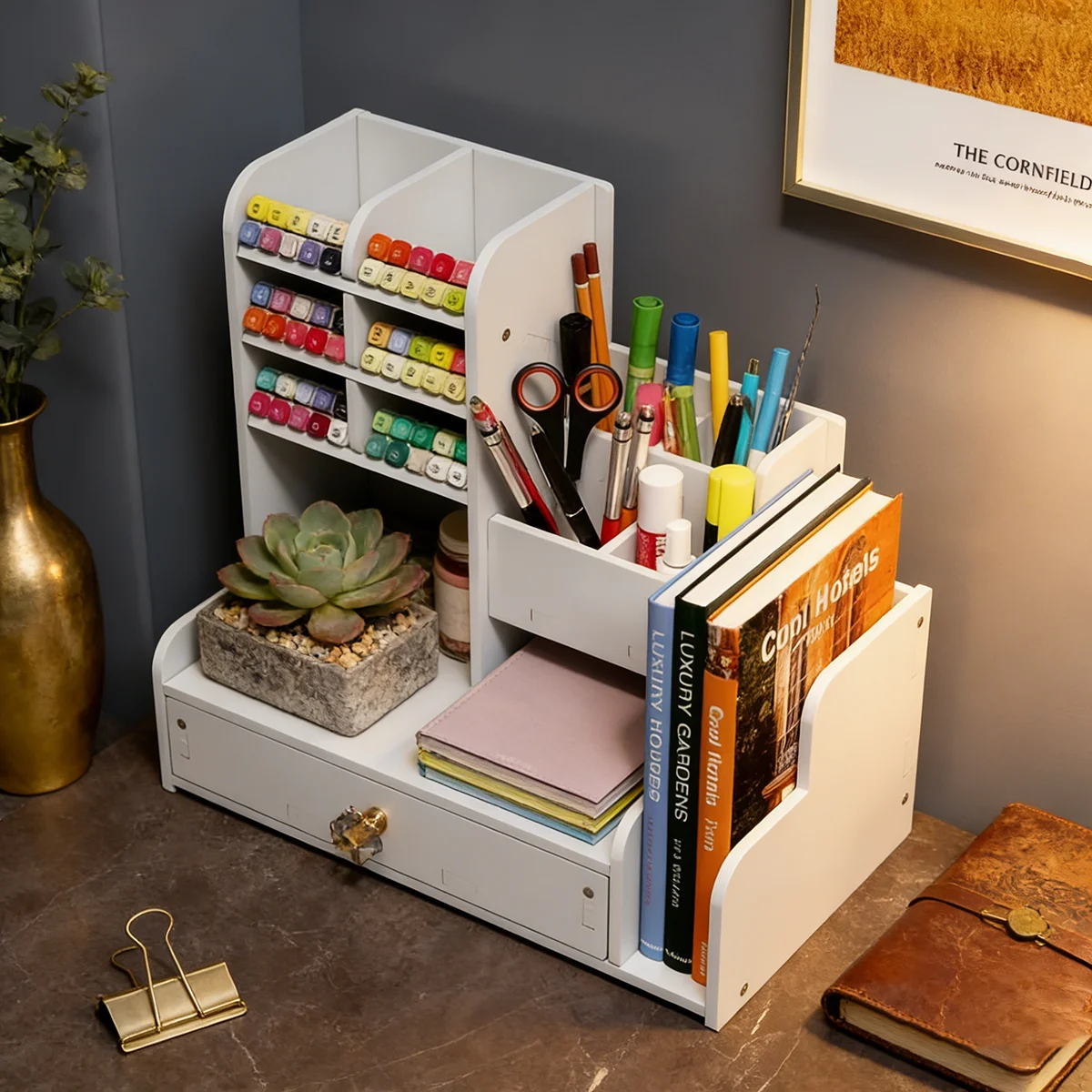 Organizer da Scrivania Effetto Legno con Cassetto, Portaoggetti da Scrivania Multi-Scomparto per Cancelleria e Accessori - immagine 6