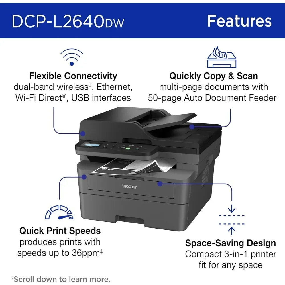 DCP-L2640DW Wireless Compact Monochrome Multi-Function Laser Printer with Copy and Scan, Duplex, Mobile 3