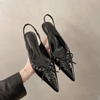 Summer 2025 Pointed Toe Slingbacks Sandals Women Elegant Kitten Heel Dress Shoes Shallow Comfy Bowknot Office High Heels Ladies 1