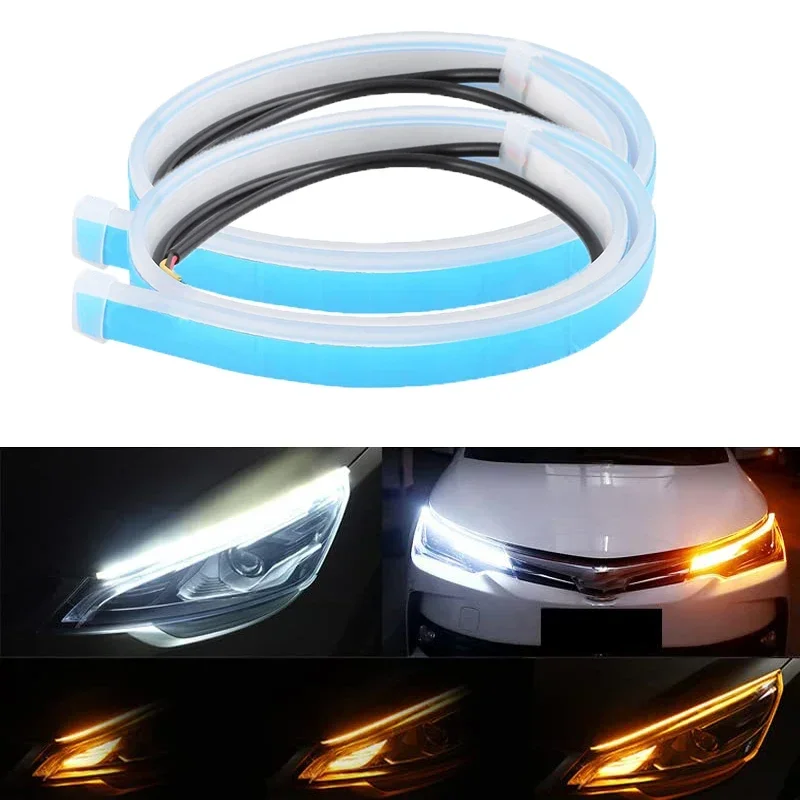 

2pcs 12V LED DRL Car Daytime Running Light Flexible Waterproof Flow DRL LED Strip Auto Headlights White Turn Signal Lamp Yellow