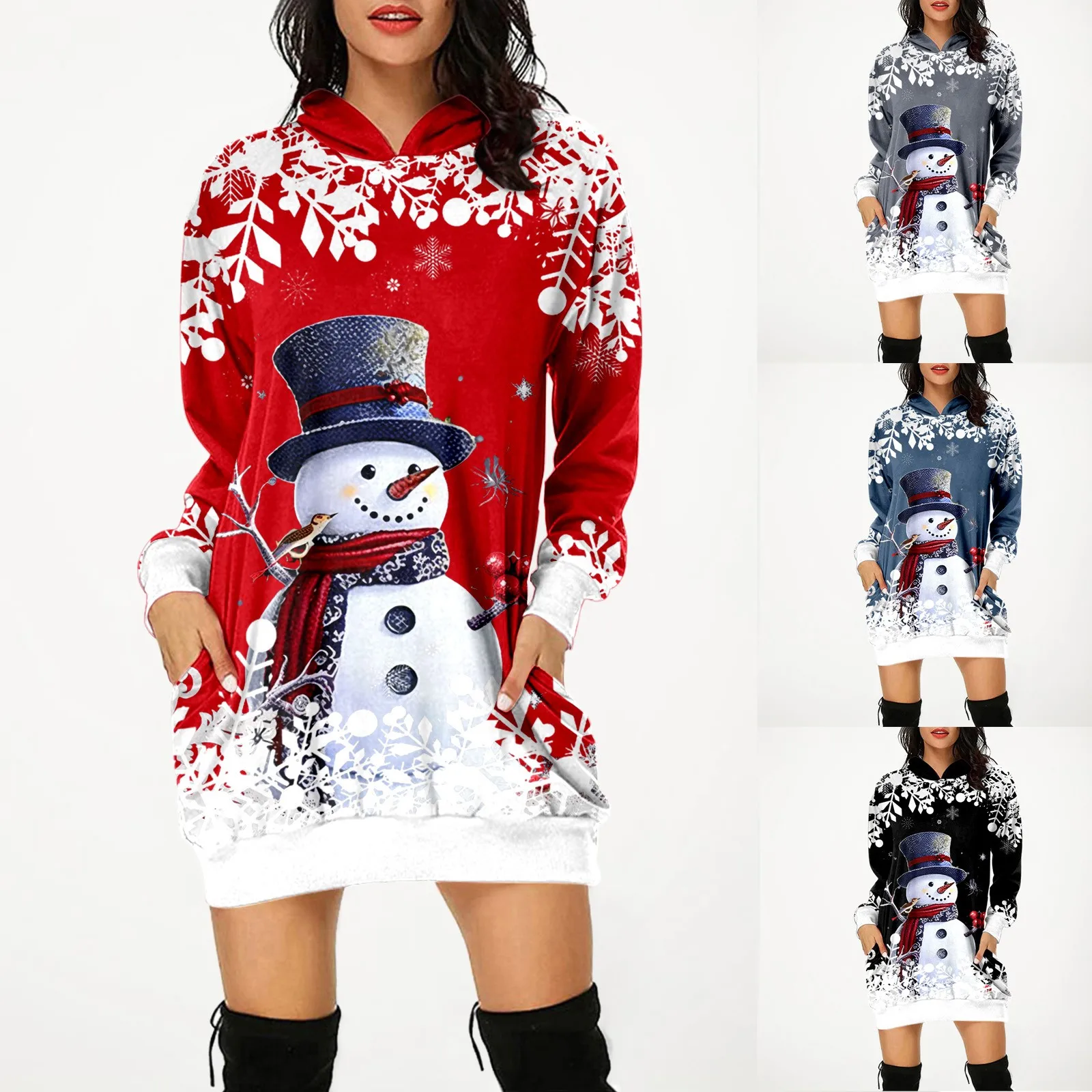 

Women's Fashion Christmas Long Sleeve Bag Hip Pocket Print THin Fashion Dress Kpop Punk