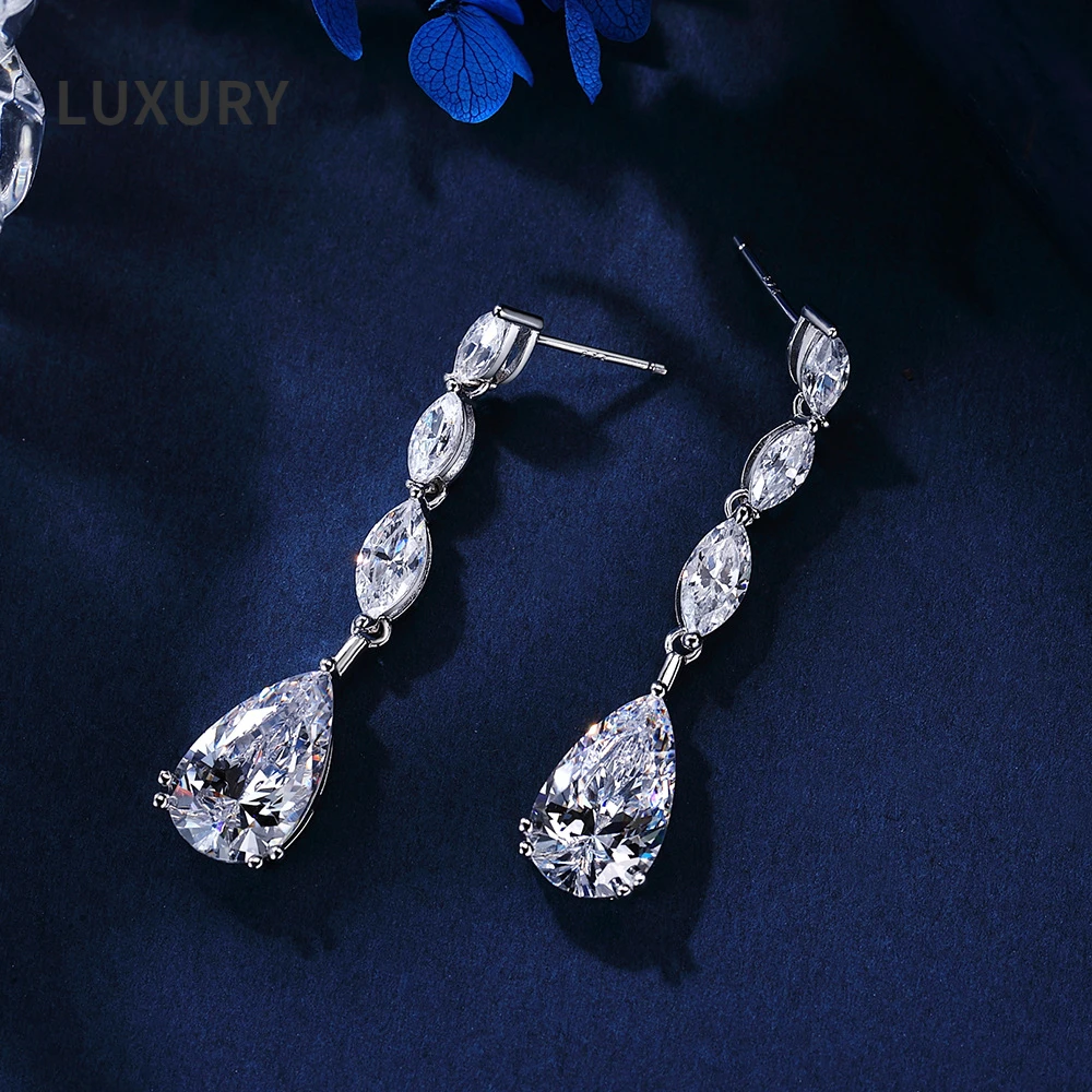 

Luxury 100% S925 Sterling Silver Water Drop High Carbon Diamond Long Earrings For Ladies Sparkling Party High Jewelry