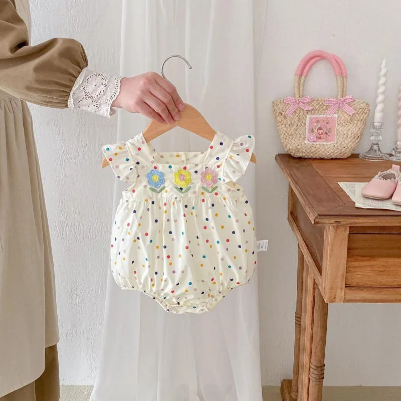 Summer Baby Girl Colorful Dotted Three Flowers Embroidered Little Flying Sleeves Jumpsuit Girl Cute Cotton Crawling Sweetheart Summer Baby Girl Colorful Dotted Three Flowers Embroidered Little Flying Sleeves Jumpsuit Girl Cute Cotton Crawling Sweetheart
