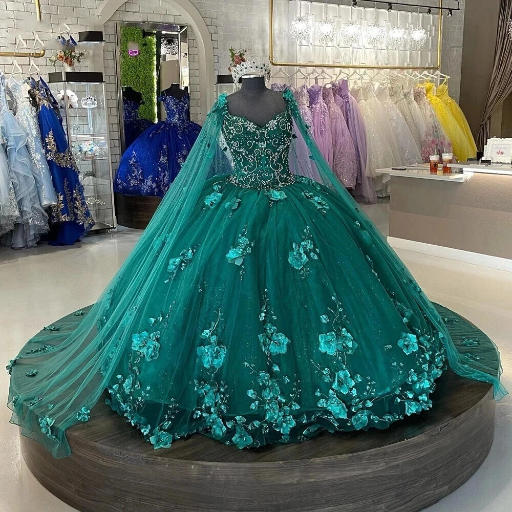 

Real Picture Emerald Green Ball Gown Quinceanera Dresses With Capes 3D Flowers Vestidos De Baile Sparkly Beaded Zimmermann Dress