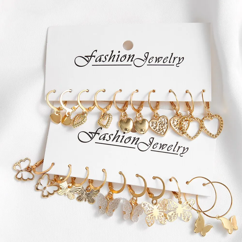 Butterfly Earrings 10pcs Women Earrings New Creative Simple Fashion Temperament Hollowed-out Butterfly Love Earrings Gold-color