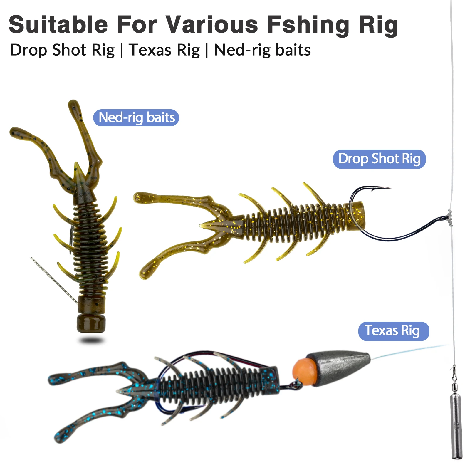 THKFISH 20pc Floating Soft Shrimp Fishing Bait NED Rig Wobblers