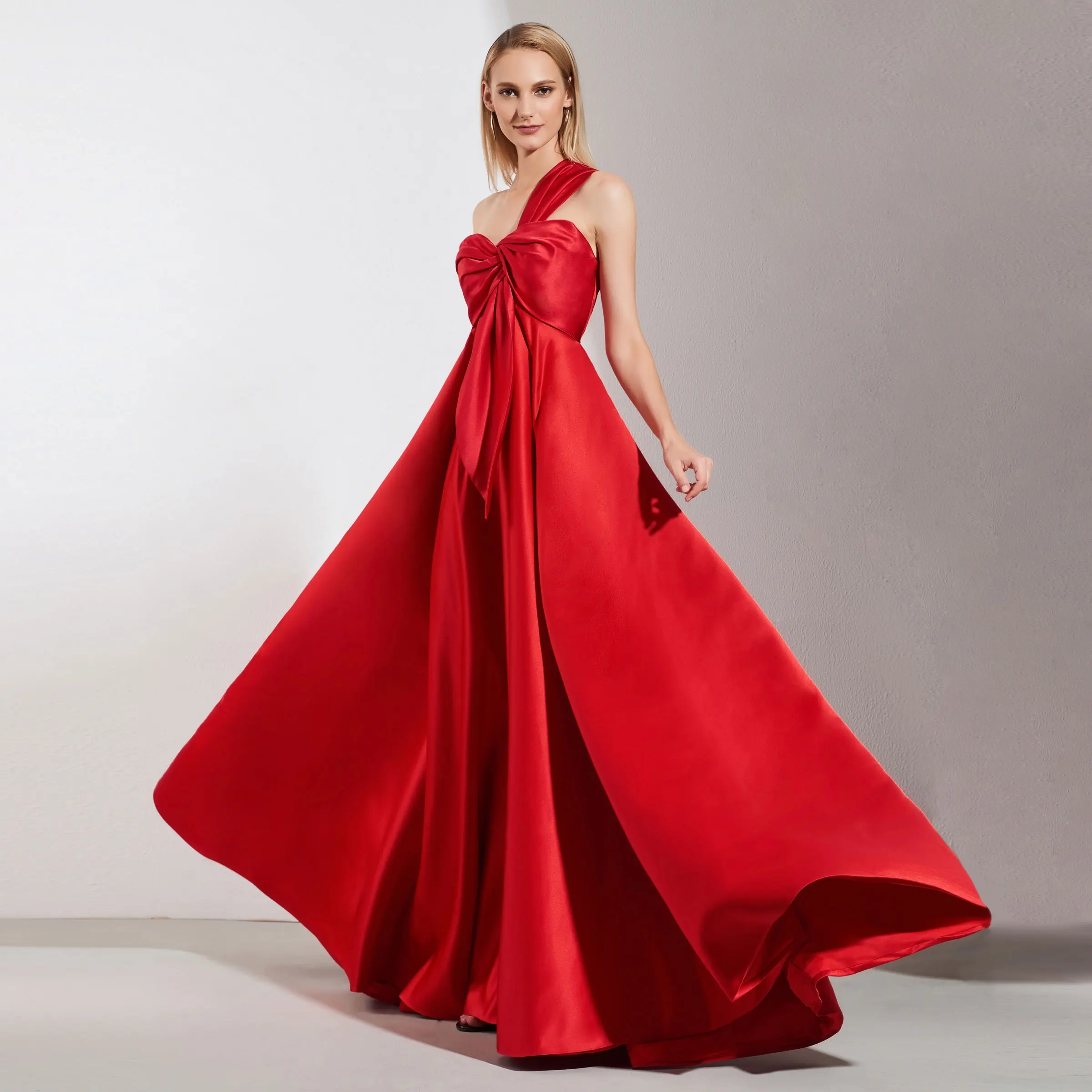 

Elegant Long Red One Shoulder Evening Dresses With Pockets A-Line Satin فساتين السهرة Floor Length Robe de soirée for Women
