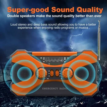 10000mAh Solar Hand Crank Emergency Radio AM FM NOAA Weather Radio Phone Charger Power Bank Dual Speaker Stereo Flashlight LED Reading Light SOS Alarm Survival Gear for Outdoor Camping Home 7