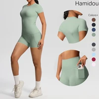 Workout Sportswear 2Pcs Piece Female Yoga Shirt Push Up Workout Clothes Women Outdoors Sport  High Waist  Fitness Sport Shorts