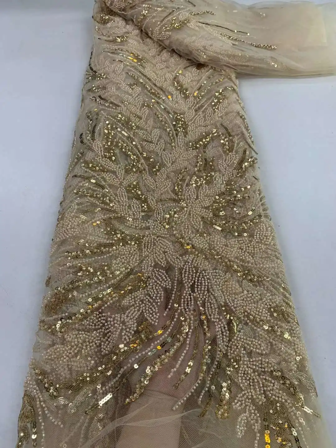

French Heavy Beads Lace Fabric 2024 High Quality African Sequins Groom Lace Net Fabrics For Nigerian Wedding Party Dress Sewing
