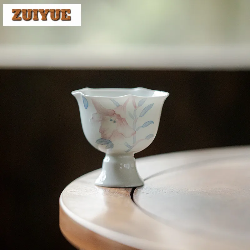 2pc/lot Japanese Hand Drawn Lily High Footed Teacup Ancient Flower Mouth Tea Bowl Cup For Tea Personal Cup Chazhan Mug 75ml