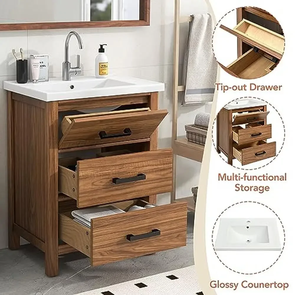 Bathroom Vanity Cabinet 24inch with Undercounter Ceramic Sink 3 Storage Drawers Easy Assembly Birch MDF Stainless Steel Handles