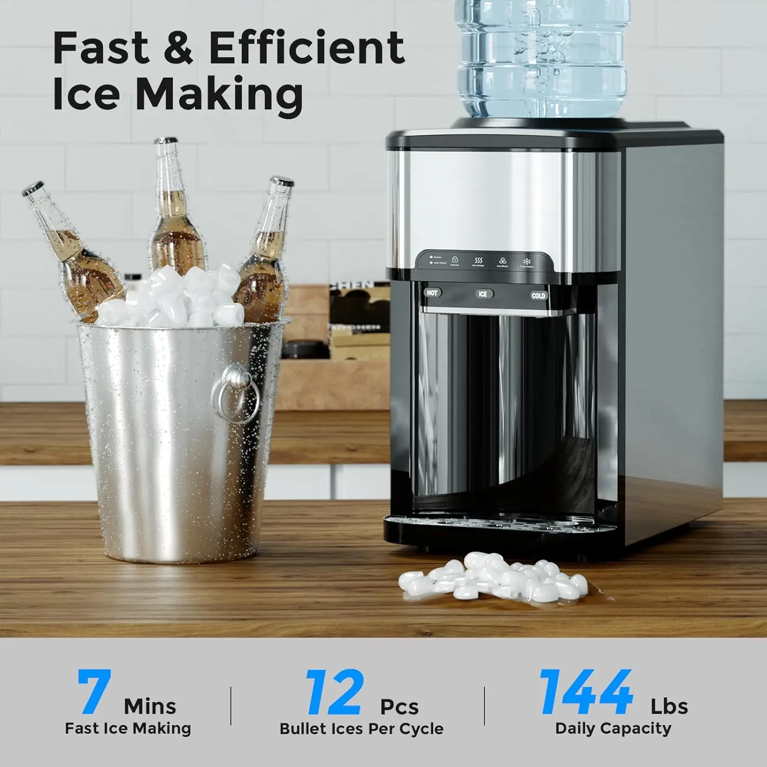 Ice Maker Machine Countertop 3 in 1 Portable Ice Maker with Hot/Cold Water Dispenser 12 Cubes in 7 Mins Stainless Steel