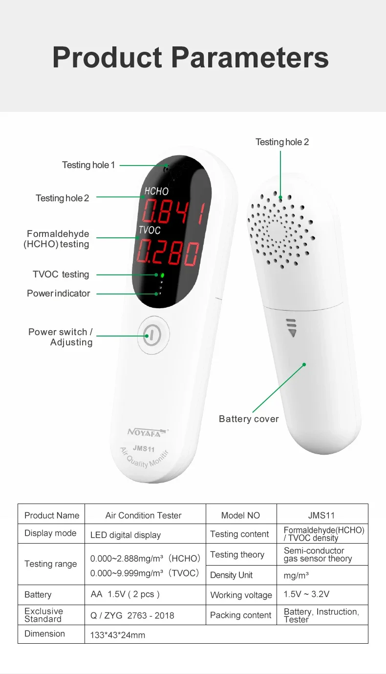 NOYAFA JMS11 Digital Air Quality Monitor Formaldehyde TVOC Meter Portable Sensor