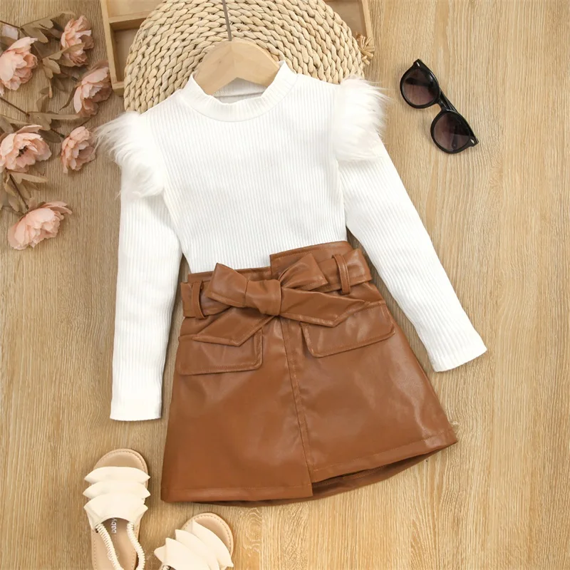 Kids Girls Autumn Clothes Set Baby Solid Color Feather Trim Long Sleeve Knit Tops + PU Leather Belted Skirt Children Outfit kids clothing set girls clothing set 1-6Y