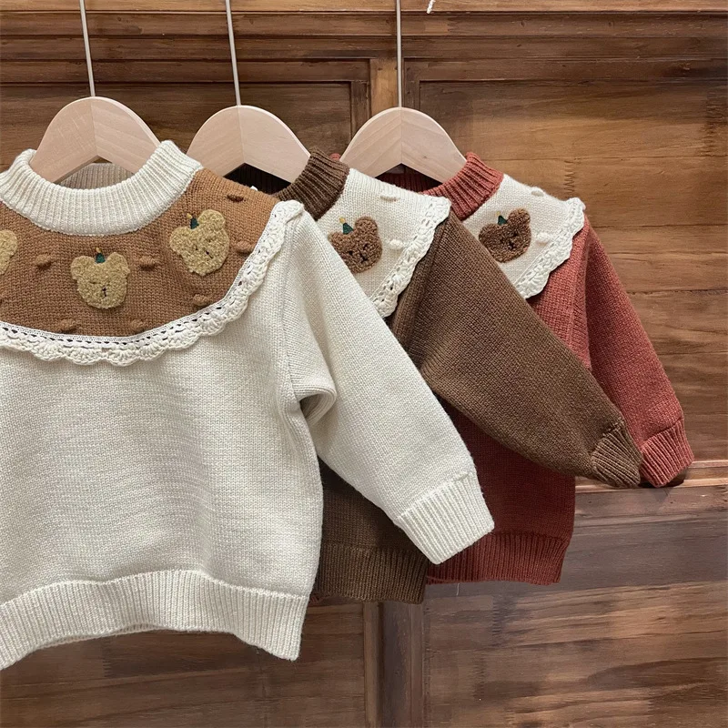 

baby girl clothes kids sweaters Cartoon bear pattern thickened Knitted sweater