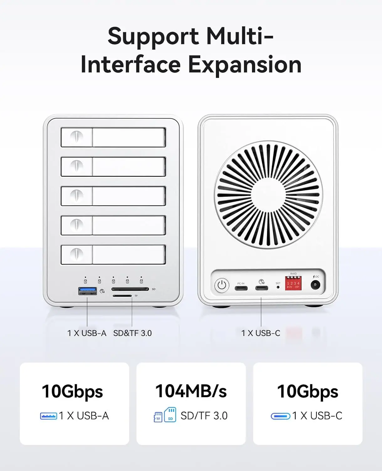 ORICO 5베이 10Gbps SATA HDD SSD 도킹 스테이션 (10Gbps USB 3.2, SD, TF 3.0 포트, 냉각 팬, RAID, 데이지 체인 지원)