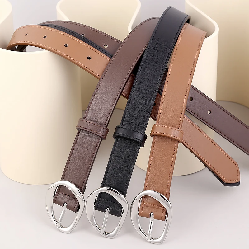 simple sliver buckle split leather belt for women 25mm