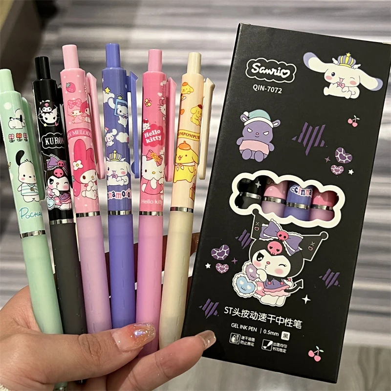 

6 шт. кавайные гелевые ручки Sanrio, быстросохнущие гелевые ручки, милые Kuromi Melody Cinnamoroll 0,5 мм черные чернила, ручка, канцелярские принадлежности, школьные принадлежности