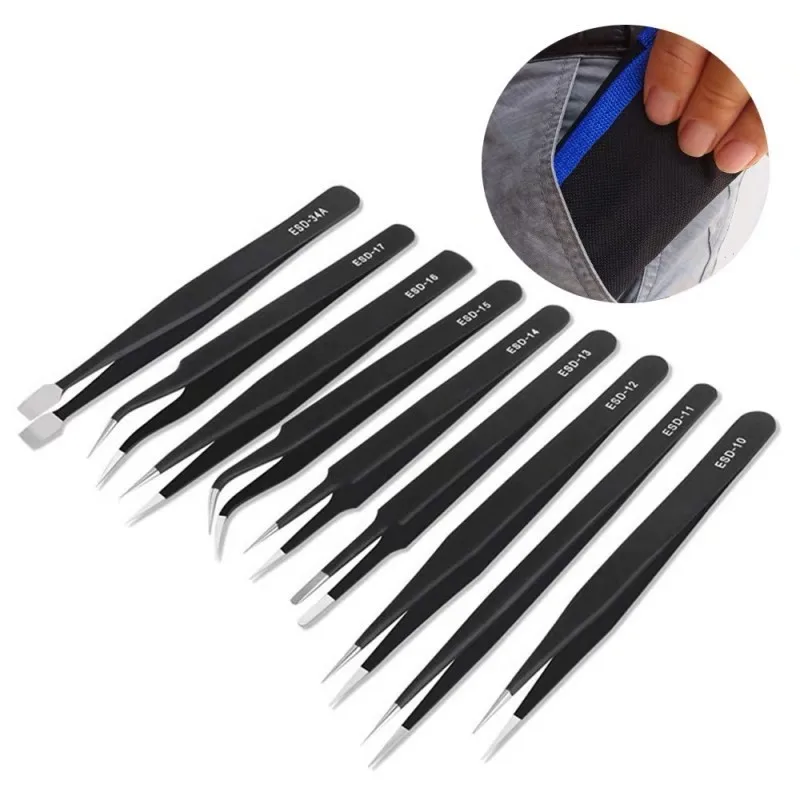 Industrial Tweezers Anti-static ESD Stainless Steel Precision Tweezers Curved Straight Repair Maintenance Soldering Craft Tools