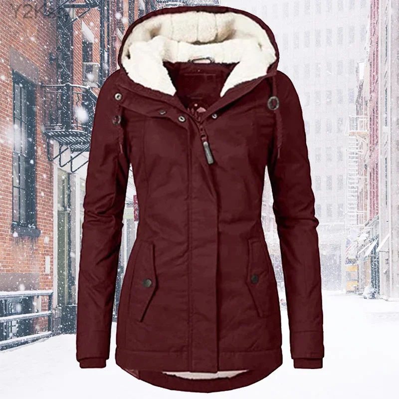 Women's Winter Coat Warm Solid Plush Thickened Long Jacket Outdoor Hiking Hooded Casual Windproof Parka Coat Overcoat warm thick men parkas jacket coat winter new men s long casual outwear jackets solid hooded windproof parka overcoat clothing