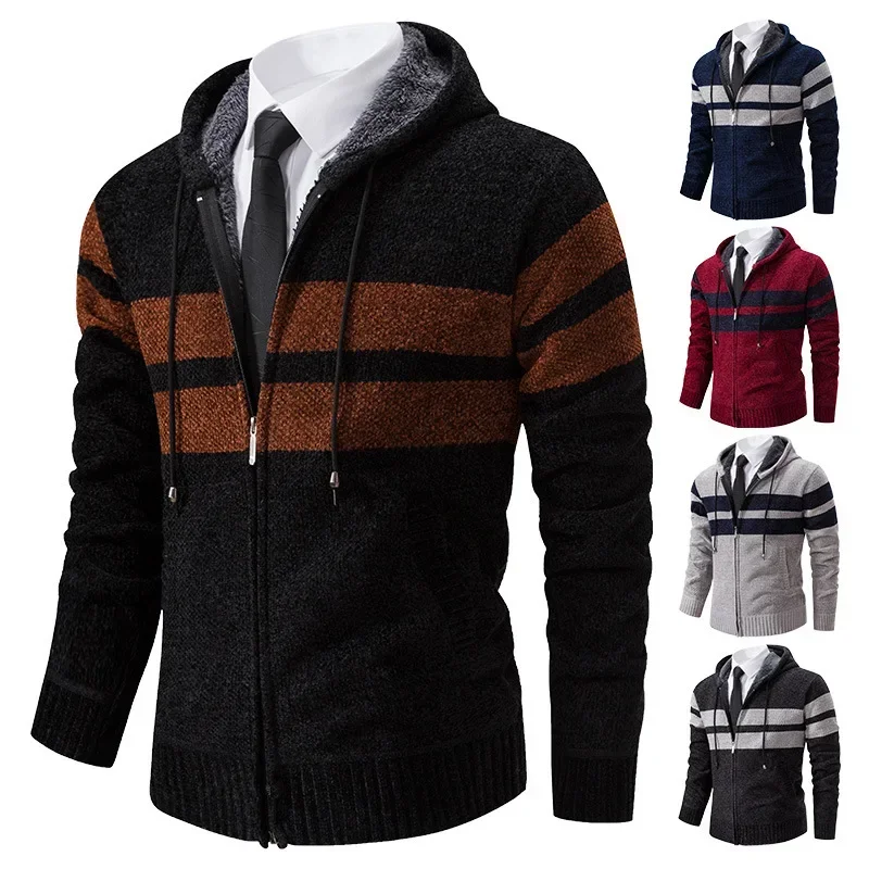 

Autumn Men's New Zippered Cardigan Standing Neck Sweater Sweater Jacket Fashion Casual Stripe Hooded Sweater