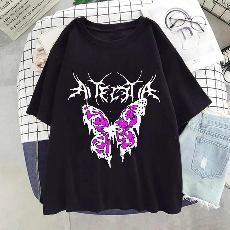 

Punk Butterfly Women T Shirt Harajuku Aesthetic Short Sleeve T-shirts Streetwear Fashion Woman Blouses 2022 Y2k Clothes Tops