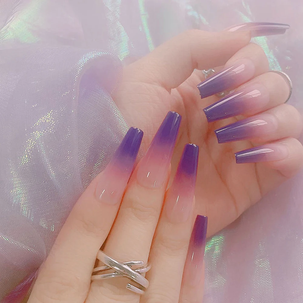 Pink Purple Gradient Artificial Nails Long Wearing Nails Manicure Press-on Nails Fake Nail Patch Press-on Nails TN