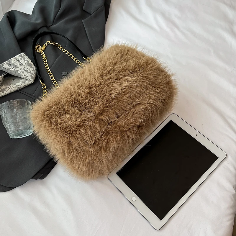 Modische Halbmond-Plüsch-Umhängetasche für Damen, Designer, flauschige Kunstfell-Handtasche, Kette, Unterarmtasche, 2025, Winter-Geldbörse, Klappentaschen – Detail 26