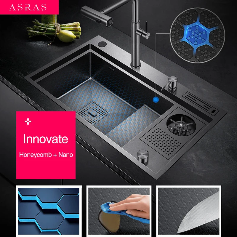 New Nanometer Honeycomb Embossing Step Handmade kitchen Sinks Waterfall Faucet Cup Rinser Large Size kitchen Sinks