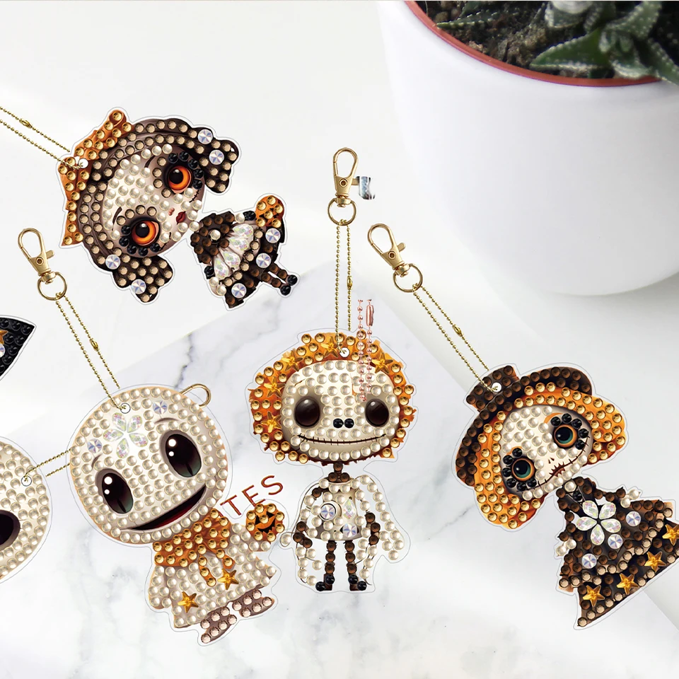 6 Pezzi Halloween Pittura Diamante Portachiavi Doppio Lato Fantasma Pittura Diamante Adesivo Portachiavi Zucca Candela Strass Pittura Portachiavi Ciondolo Decorazione Appesa per Portachiavi Telefono