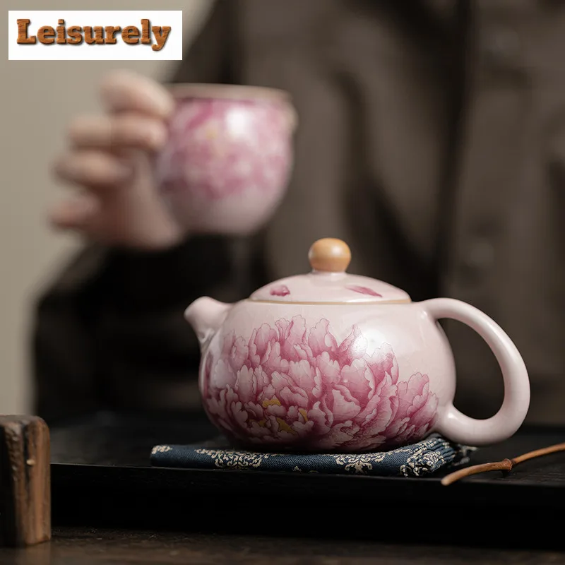 180ml Antique Powder Ru Kiln Teapot Retro Peony Flower Xi Shi Pot Tea Maker Kettle With Ball Hole Filter Chinese Teaset Supplies