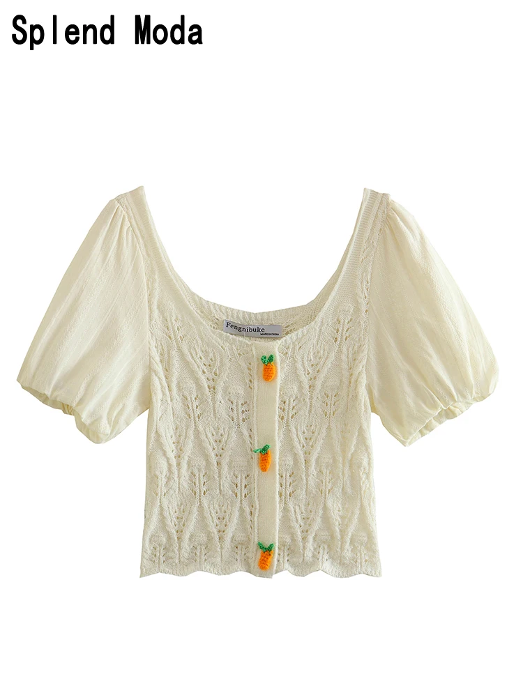 

TRAF 2023 Women Summer Fashion Sweet Hollow Out Jacquard Knitted Pullovers Cute Square Collar Cropped Tops Chic Slim Elastic Top