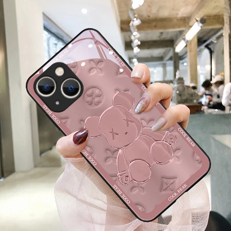 Case For iPhone 13 12 11 Pro XS Max X XR 7 8 Plus 3D Stereoscopic Violent Bear Glass Case Lens Protection Anti-drop Back Cover iphone 12 pro max wallet case
