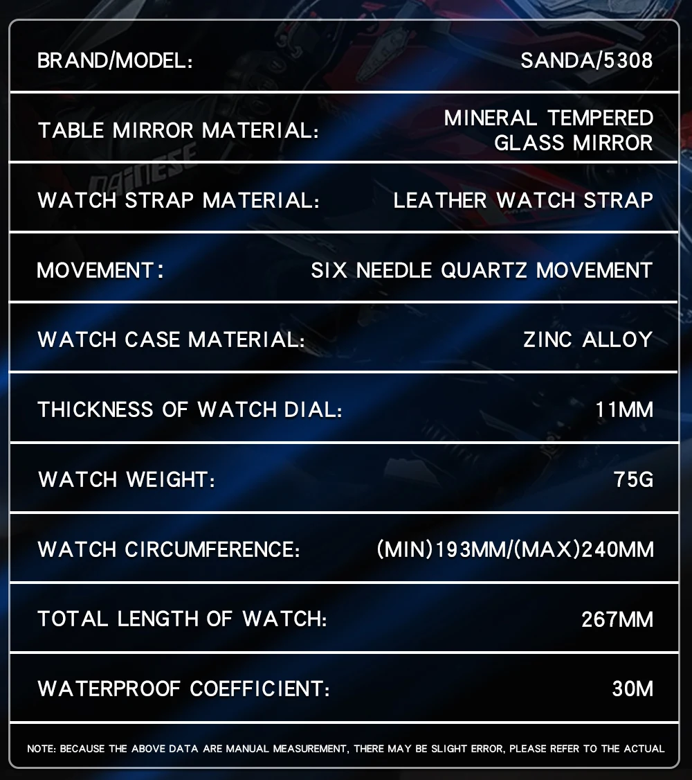 2023 SANDA New Quartz Men's Watch Square Belt with Three Eyes and Six Pin Pin Scales Fashion Trend Fluorescent Men's Watch 5308