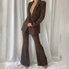 Women Suits Dark Brown 2 Piece Chic Peak Lapel One Button Solid Tuxedo Party Prom Slim Fashion Female Pants Sets (Blazer+Pants) 2