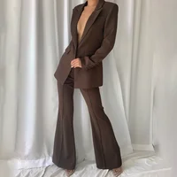 Women Suits Dark Brown 2 Piece Chic Peak Lapel One Button Solid Tuxedo Party Prom Slim Fashion Female Pants Sets (Blazer+Pants) 2