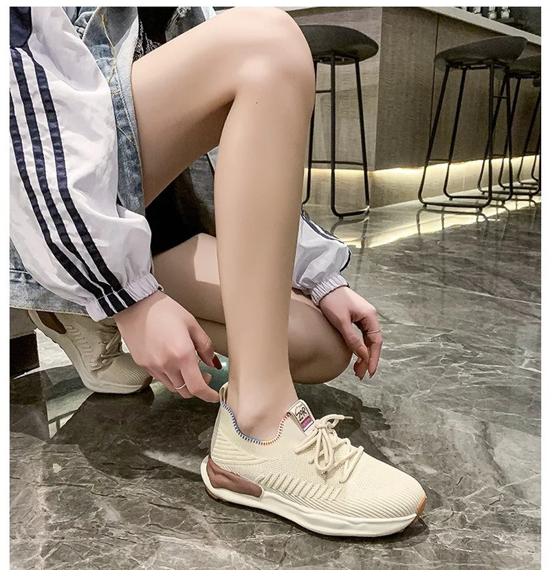 Luxury Brand Elastic Fabric Breathable Women Shoes Fashion Sneakers Lady Shoes Casual Lace-up Platform Sneakers Running Shoes